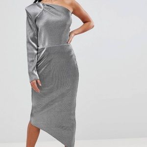 John Zack One Shoulder Petite Metallic Silver Pencil Dress